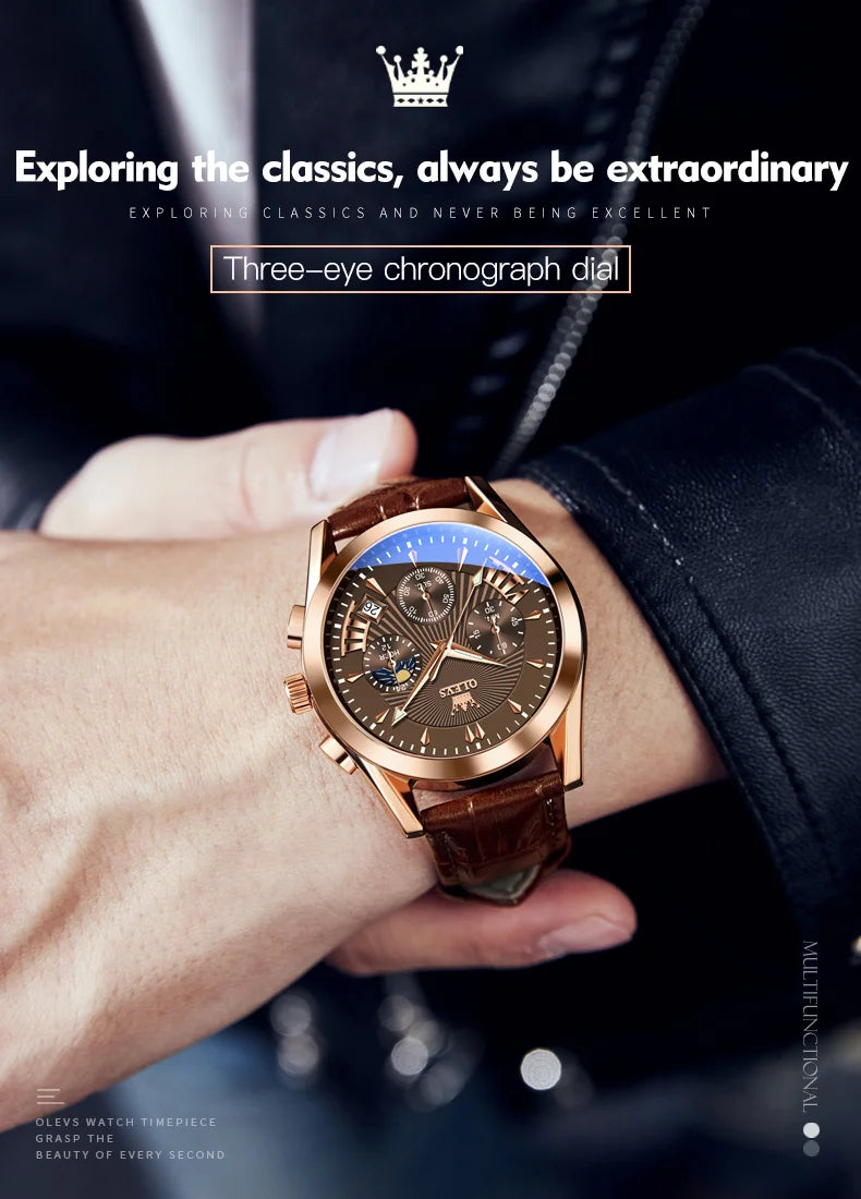 OLEVS-reloj de cuarzo resistente al agua para hombre, cronógrafo de pulsera con correa de cuero, marca de lujo Original, alta calidad, a la moda
