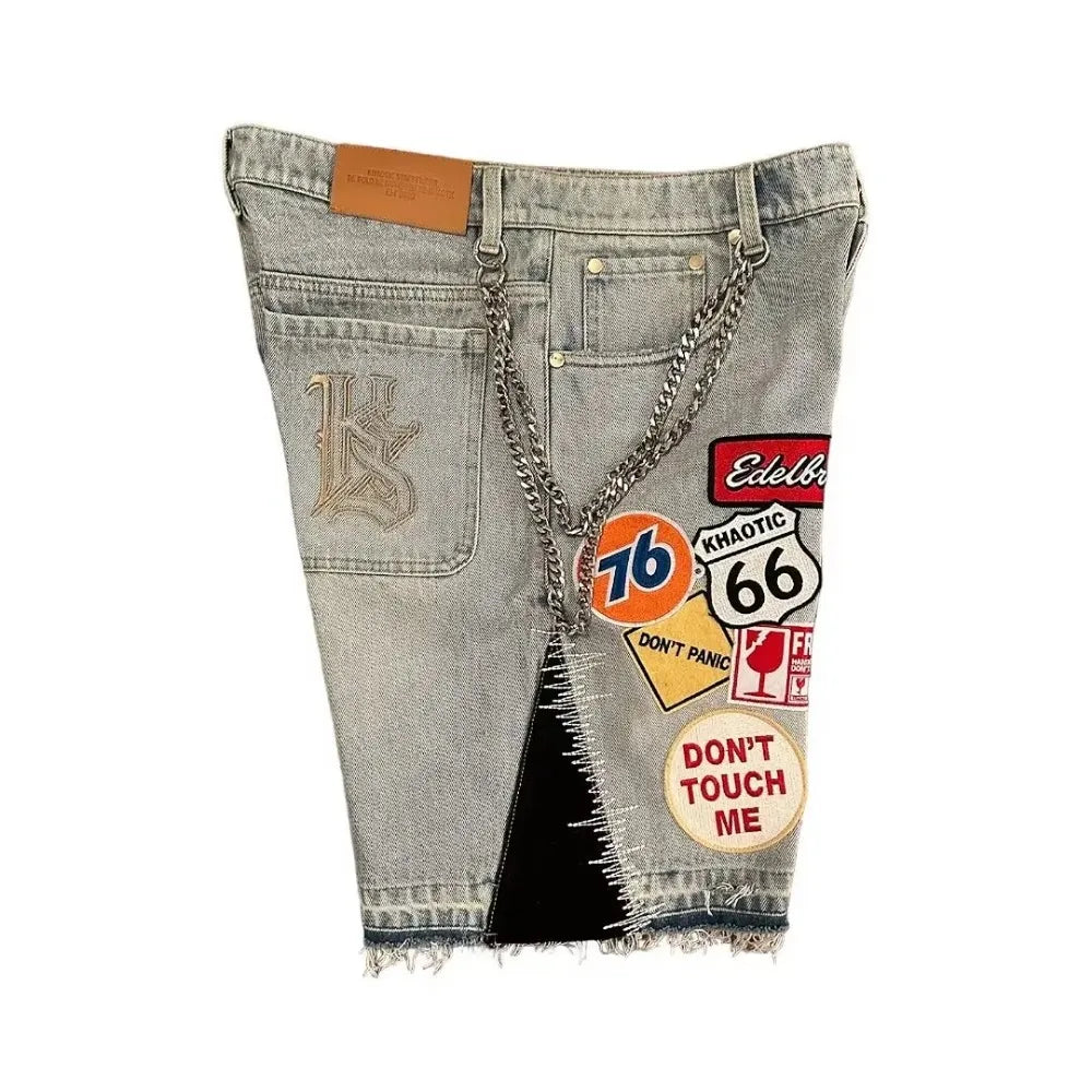 Ropa de calle, pantalones cortos vaqueros holgados de Fitness para hombres y mujeres, pantalones cortos vaqueros con parche gráfico de dibujos animados Harajuku Hip Hop, pantalones cortos góticos Retro azules