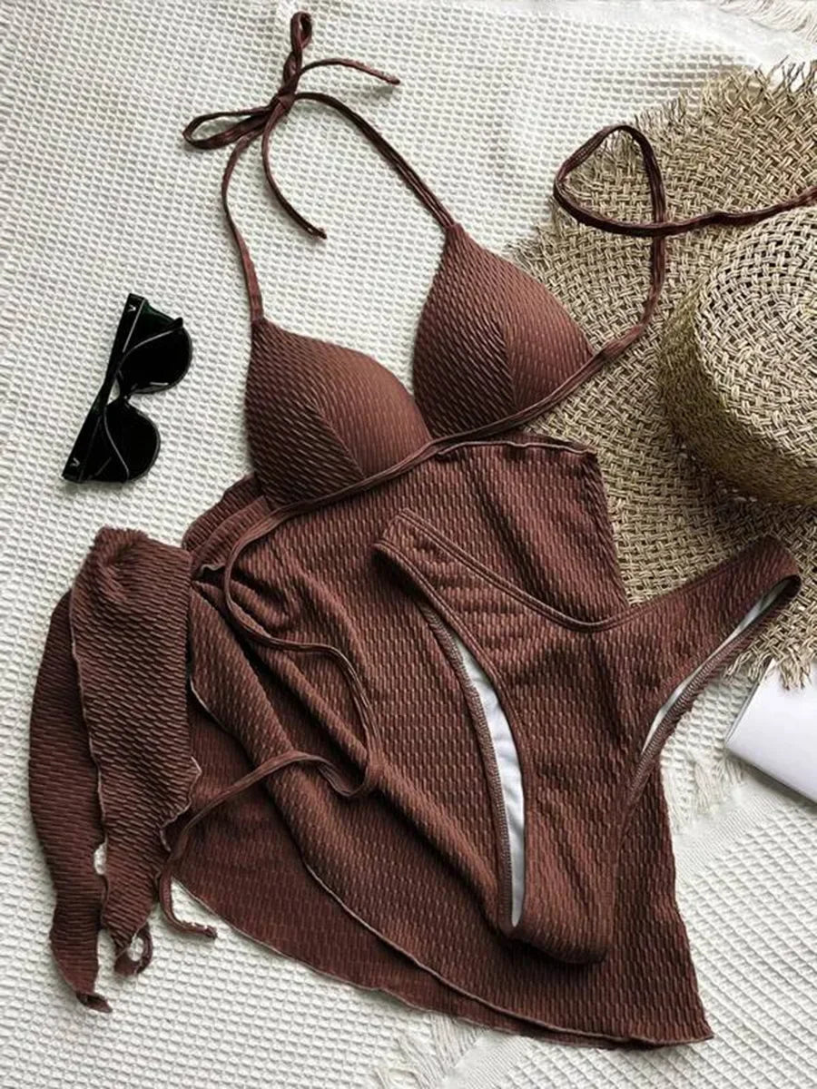 Skirt, Ruched Bikini with Bra Cup, Women's Swimsuit, Women's Bathing Suit, Three-Piece Bikini Set, Push Up Swimsuit, Swimming Beachwear