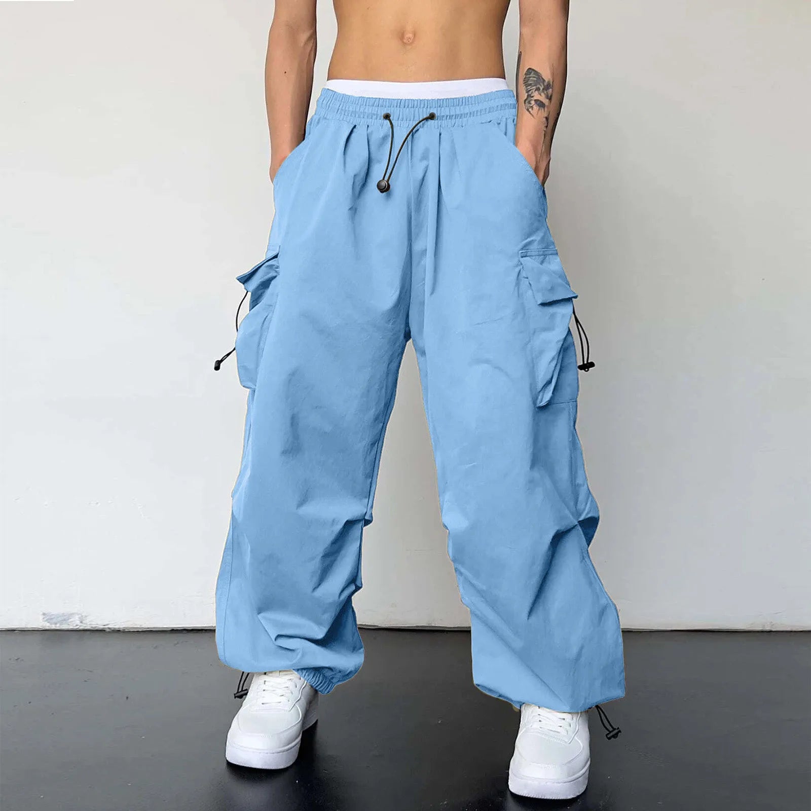 Pantalones Cargo deportivos informales para Hombre, ropa de calle con bolsillo tejido y cuerda para el pie, Pantalones sólidos, Pantalones holgados con múltiples bolsillos para Hombre
