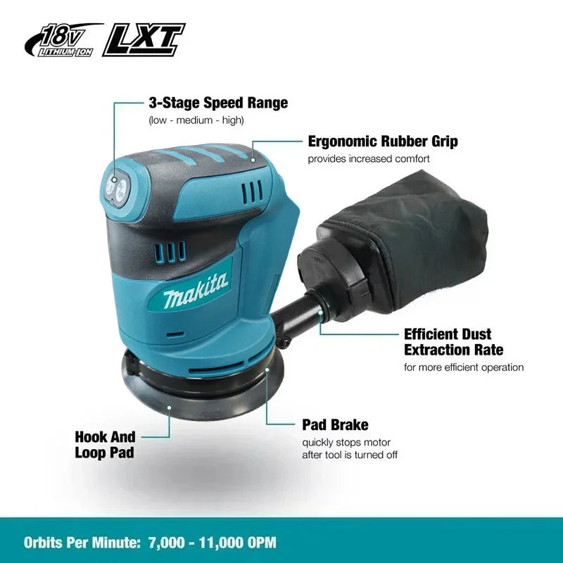 Lijadora Orbital Aleatoria Inalámbrica Makita DBO180Z de 18V para Trabajos en Madera y Pulido de Masilla - Herramienta sin Batería para Uso Profesional y Bricolaje
