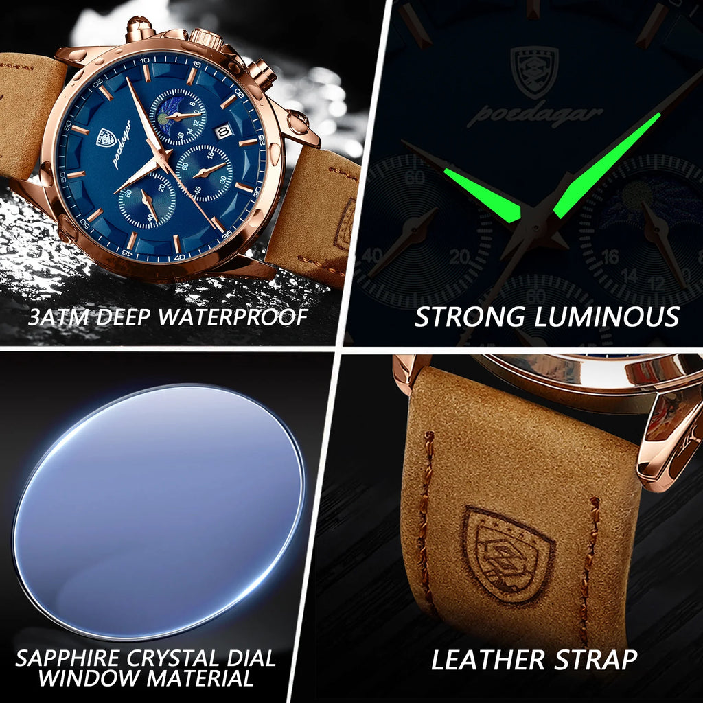 POEDAGAR, reloj deportivo de cuarzo de lujo para hombre, cronógrafo resistente al agua, reloj de pulsera luminoso con fecha para hombre, relojes de cuero de negocios para hombre