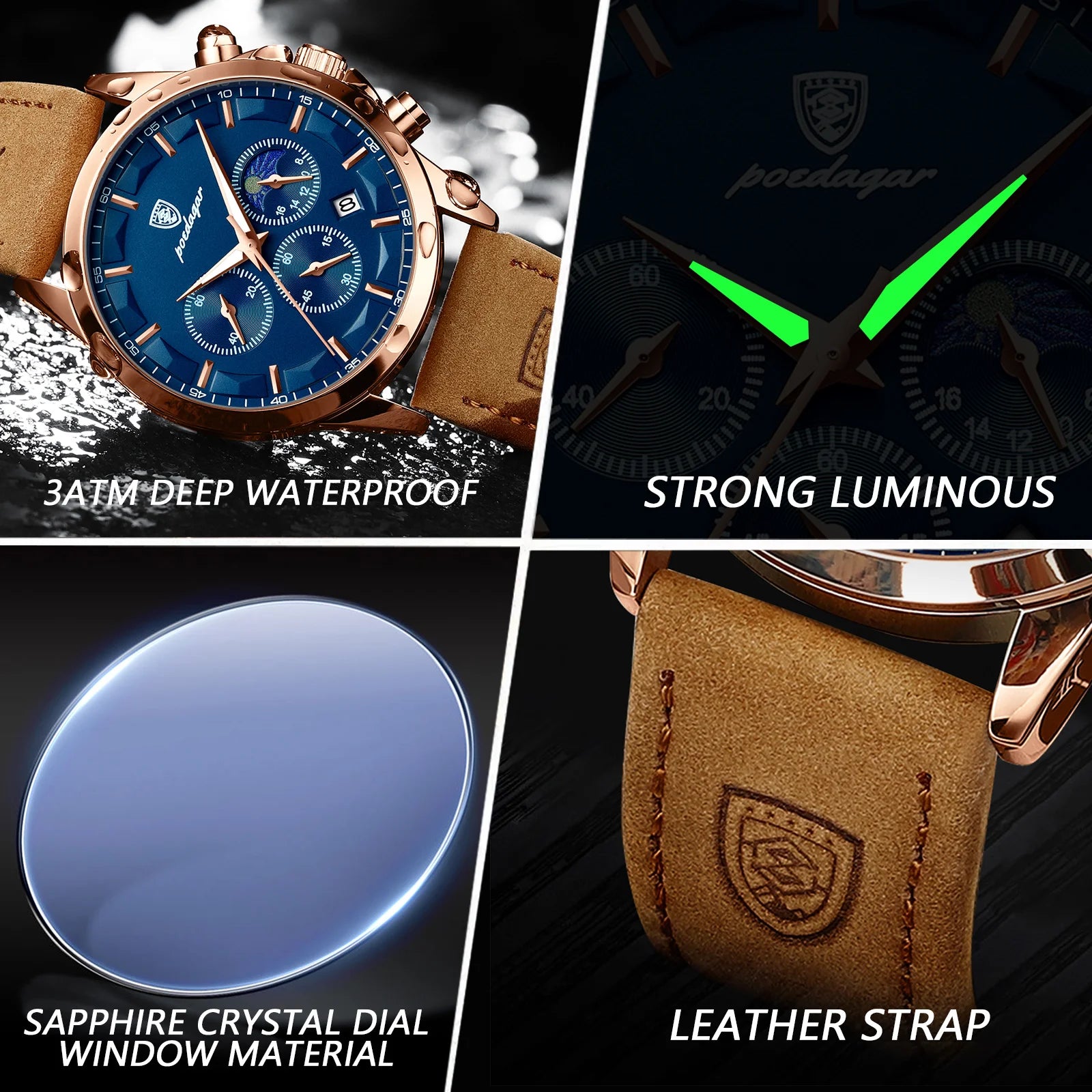 POEDAGAR, reloj deportivo de cuarzo de lujo para hombre, cronógrafo resistente al agua, reloj de pulsera luminoso con fecha para hombre, relojes de cuero de negocios para hombre
