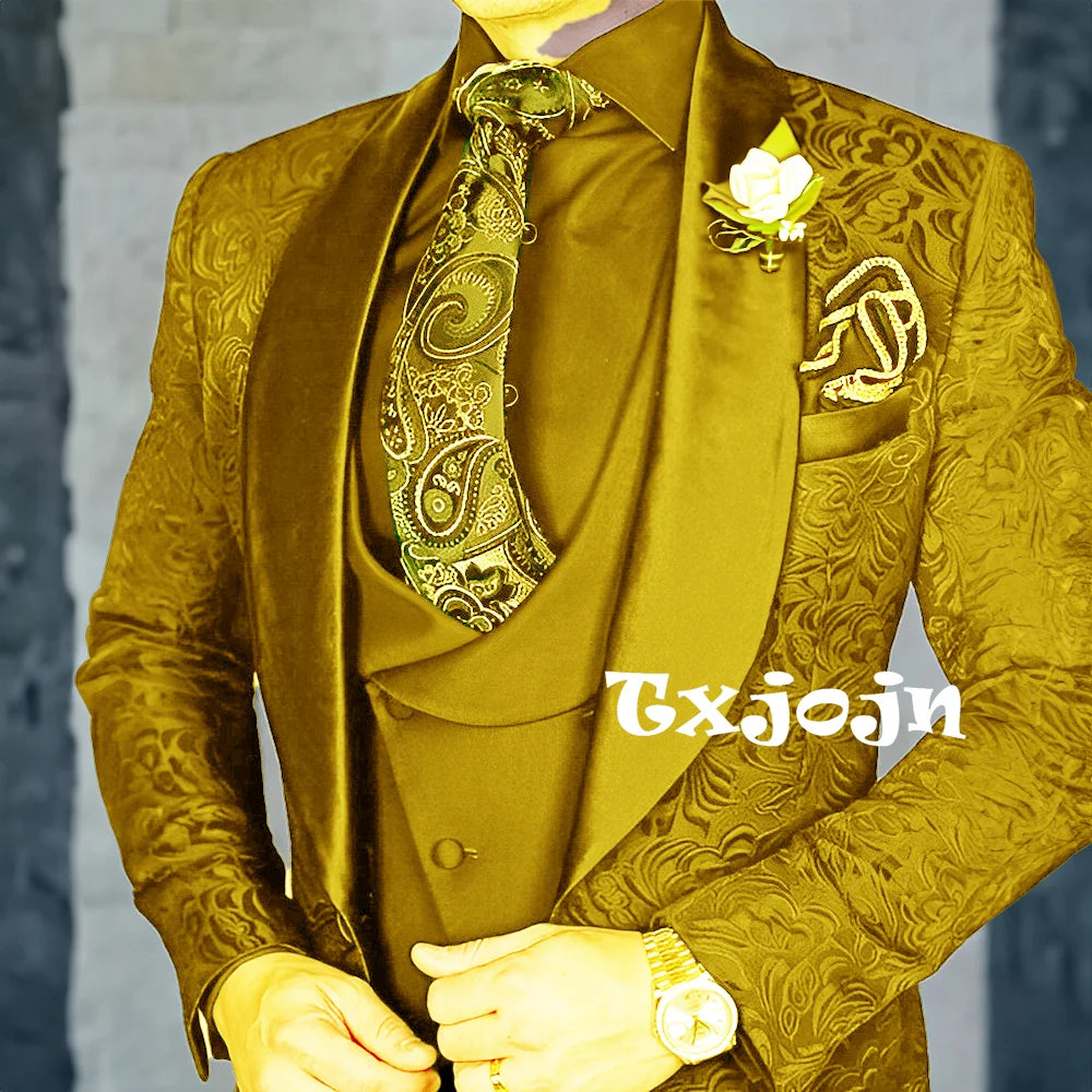 Exquisitos trajes de jacquard de 3 piezas para hombre, conjuntos de novio de boda, bonito conjunto de traje con solapa y chal, ropa de baile, esmoquin Formal para negocios