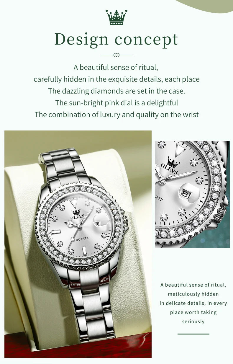 Reloj de cuarzo OLEVS Original con esfera de diamantes para mujer, relojes de moda para mujer, reloj de pulsera luminoso resistente al agua de acero inoxidable para mujer