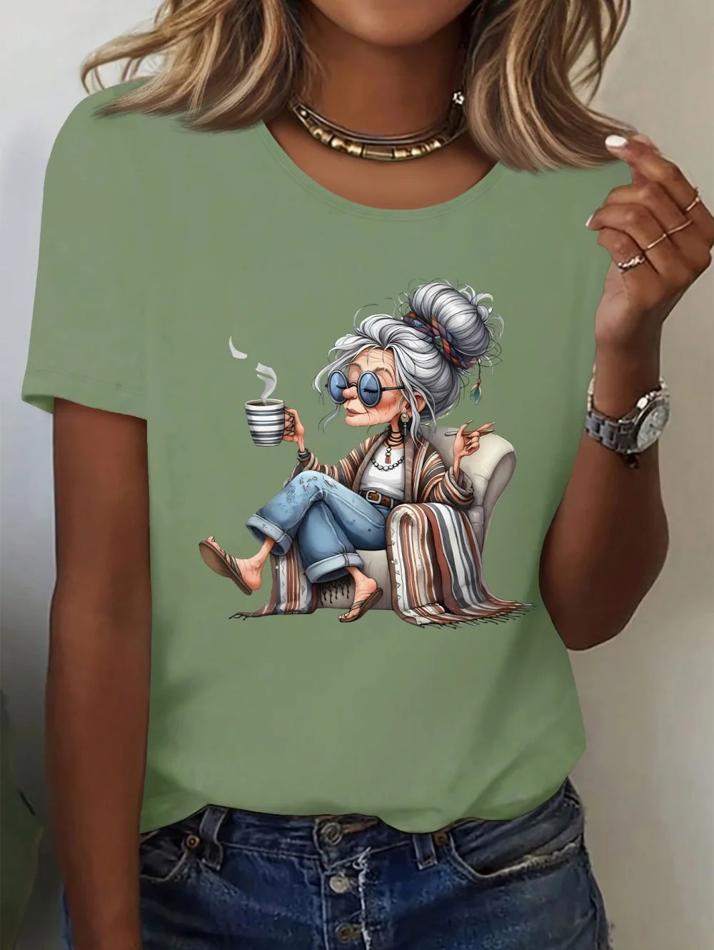 Women's Granny Graphic Print Elegant T-Shirt, Casual Summer Short Sleeve Tee, Funny Cute Crewneck T Shirts, Casual Clothes for Women