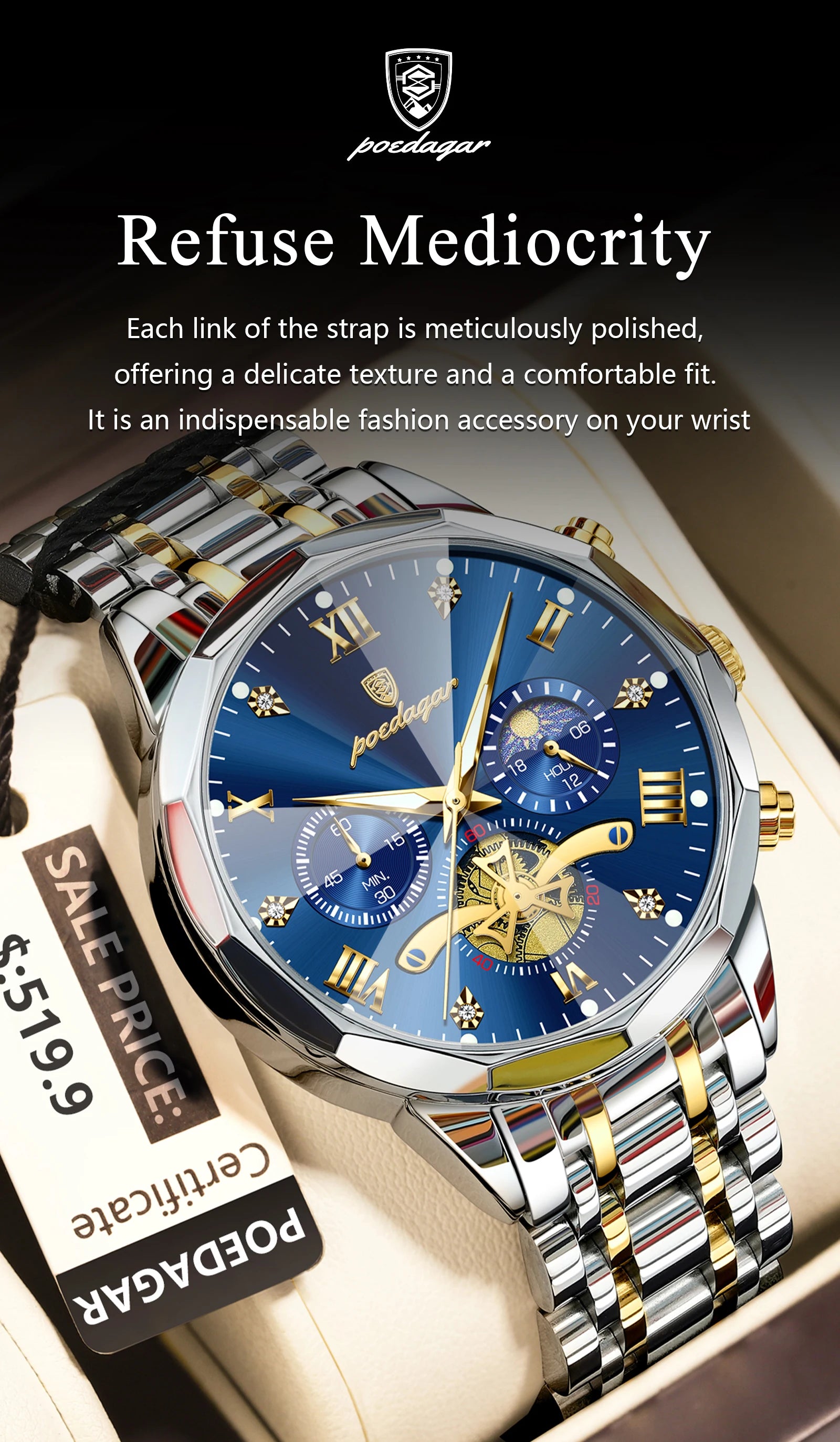 Reloj POEDAGAR de lujo para hombre, Reloj de pulsera Original resistente al agua con cronógrafo luminoso para hombre, relojes de cuarzo de acero inoxidable para hombre