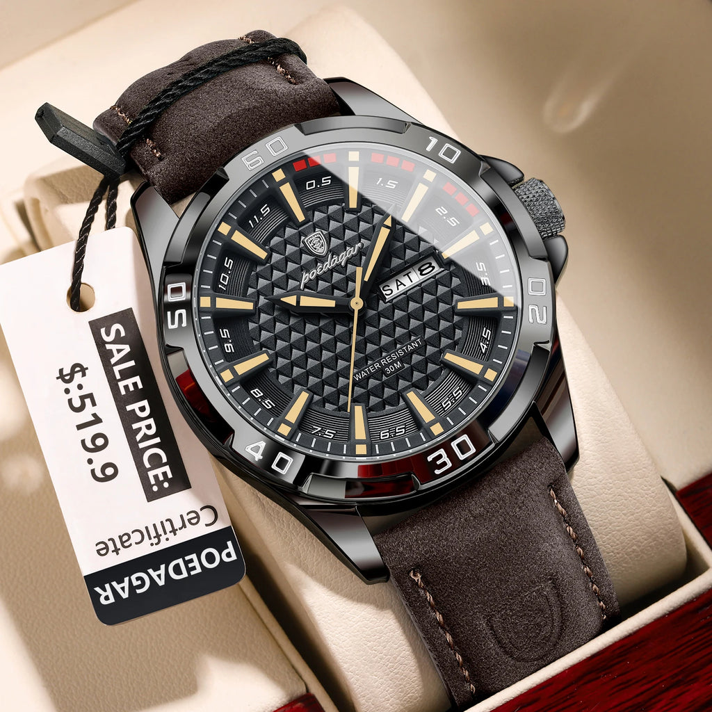 Reloj de pulsera POEDAGAR Original para hombre, Reloj de lujo resistente al agua con fecha luminosa y semana para hombre, relojes deportivos de cuero de cuarzo para hombre