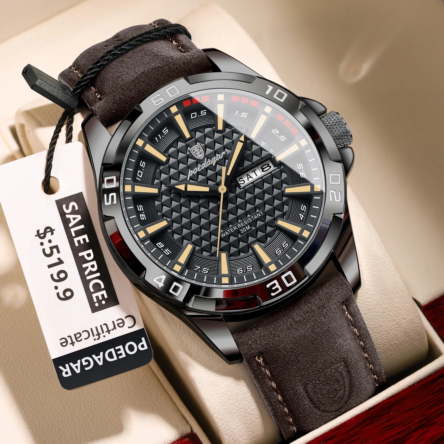 Reloj de pulsera POEDAGAR Original para hombre, Reloj de lujo resistente al agua con fecha luminosa y semana para hombre, relojes deportivos de cuero de cuarzo para hombre