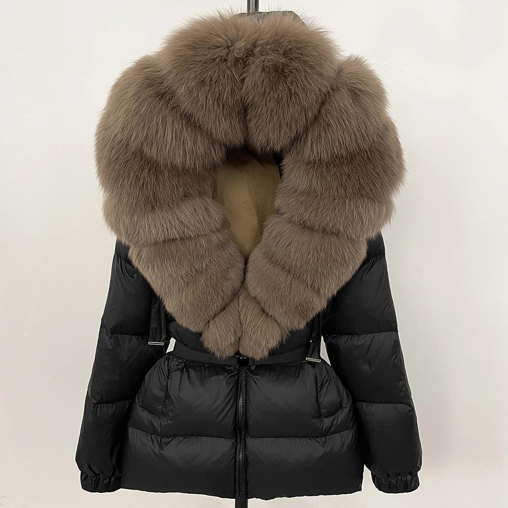 OFTBUY 2025 nueva ropa de invierno para mujer, abrigo de plumón de pato blanco, chaqueta con capucha de piel de zorro Natural, chaqueta acolchada cálida a la moda para mujer