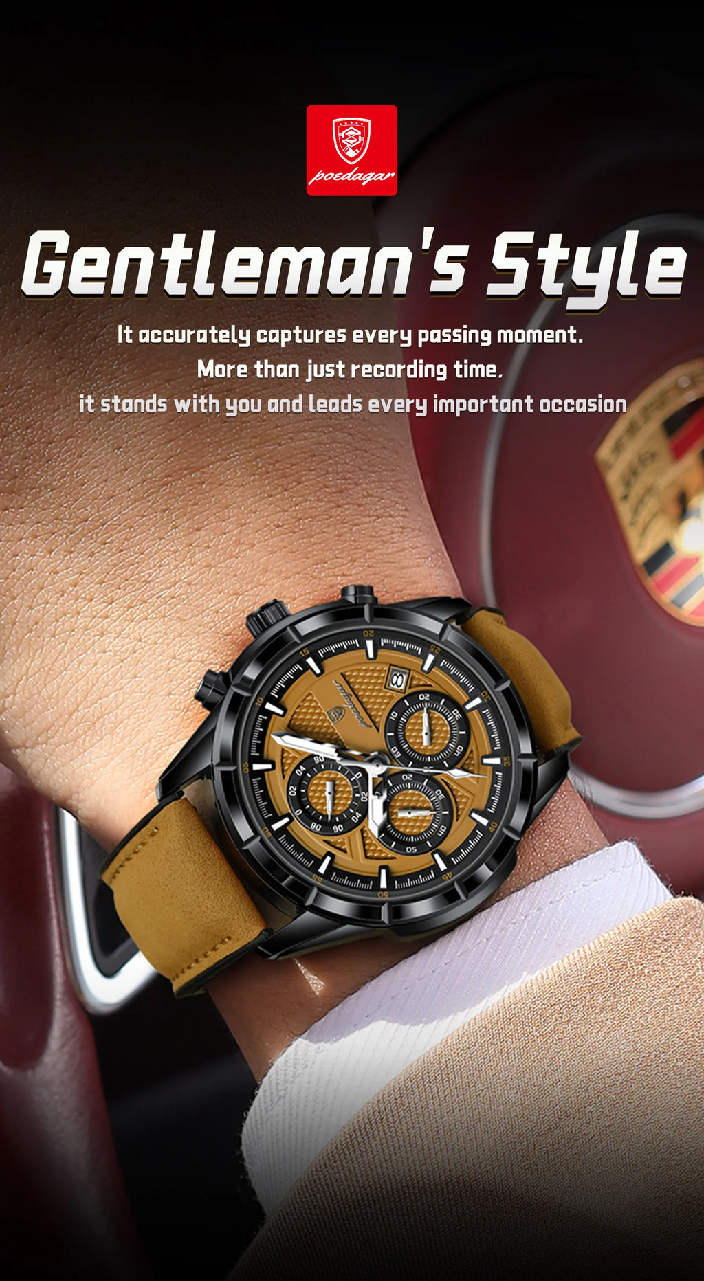 Reloj de pulsera POEDAGAR de lujo para hombre, relojes de cuarzo de cuero originales para hombre, cronógrafo con fecha, reloj luminoso resistente al agua para hombre + caja