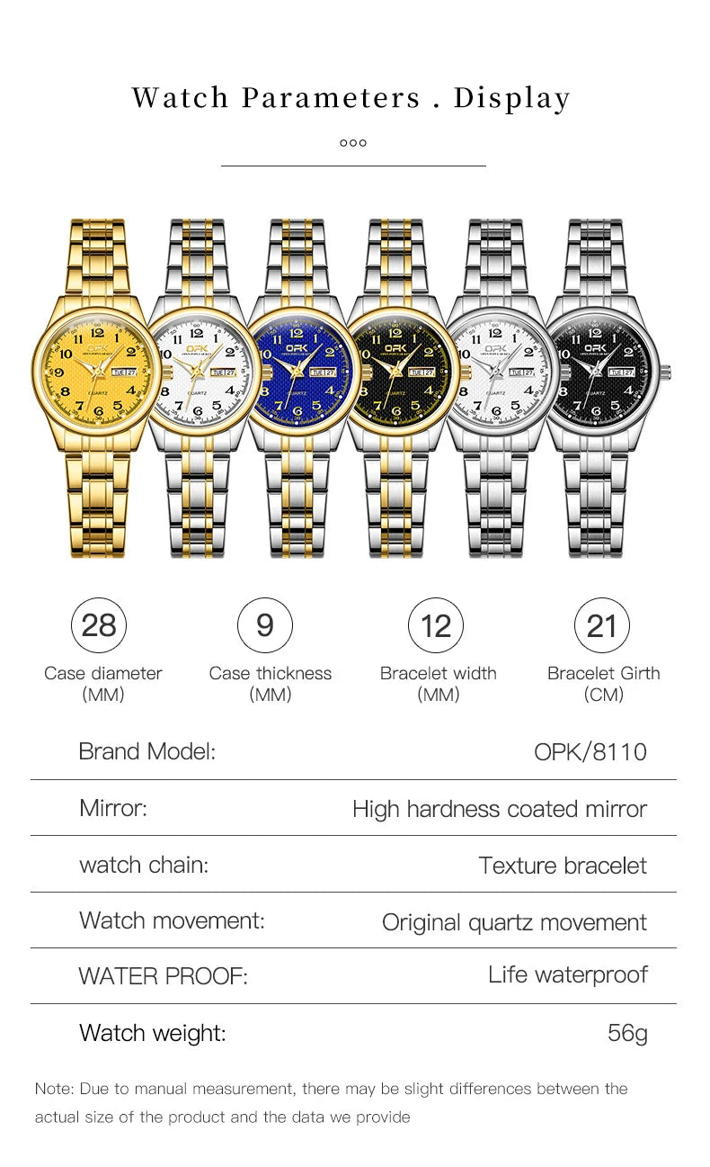 Reloj OPK 8110 para Mujer, Reloj de cuarzo resistente al agua, Reloj clásico de marca de lujo para Mujer, relojes con correa de acero inoxidable, Reloj para Mujer