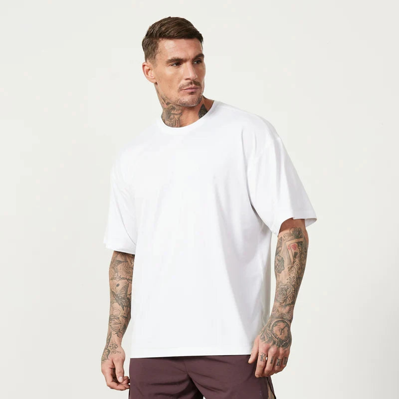 Camiseta holgada de algodón para hombre, camisa de manga corta con hombros caídos para Fitness, gimnasio, culturismo, Tops deportivos de verano