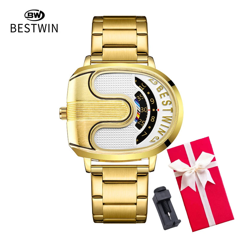 Relojes dorados de lujo para hombre, diseño único, banda de acero inoxidable, Dropship dorado, reloj masculino de alta calidad