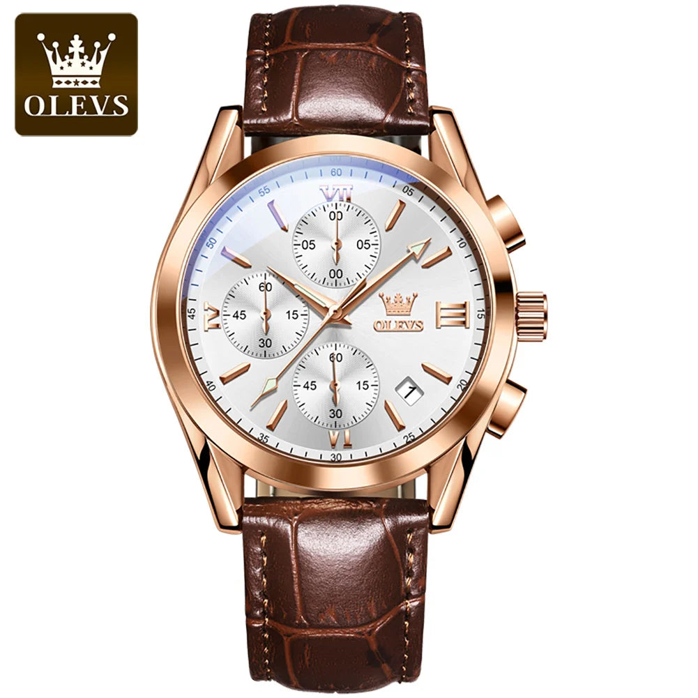 OLEVS Nuevo reloj de moda para hombre con correa de cuero marrón. Reloj impermeable con movimiento de cuarzo deportivo informal para hombre Orologio da uomo 2872