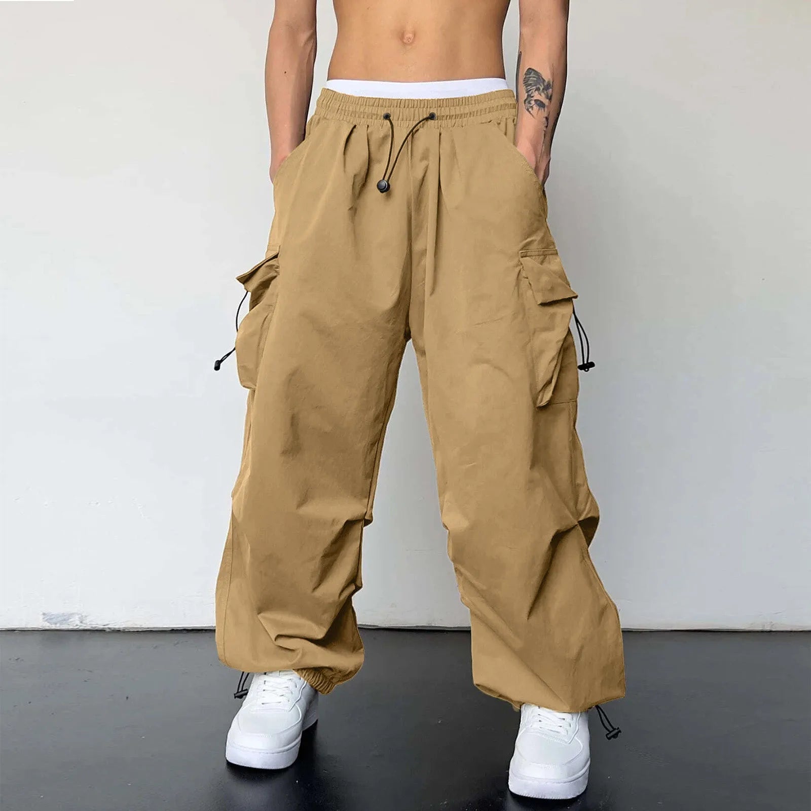 Pantalones Cargo deportivos informales para Hombre, ropa de calle con bolsillo tejido y cuerda para el pie, Pantalones sólidos, Pantalones holgados con múltiples bolsillos para Hombre