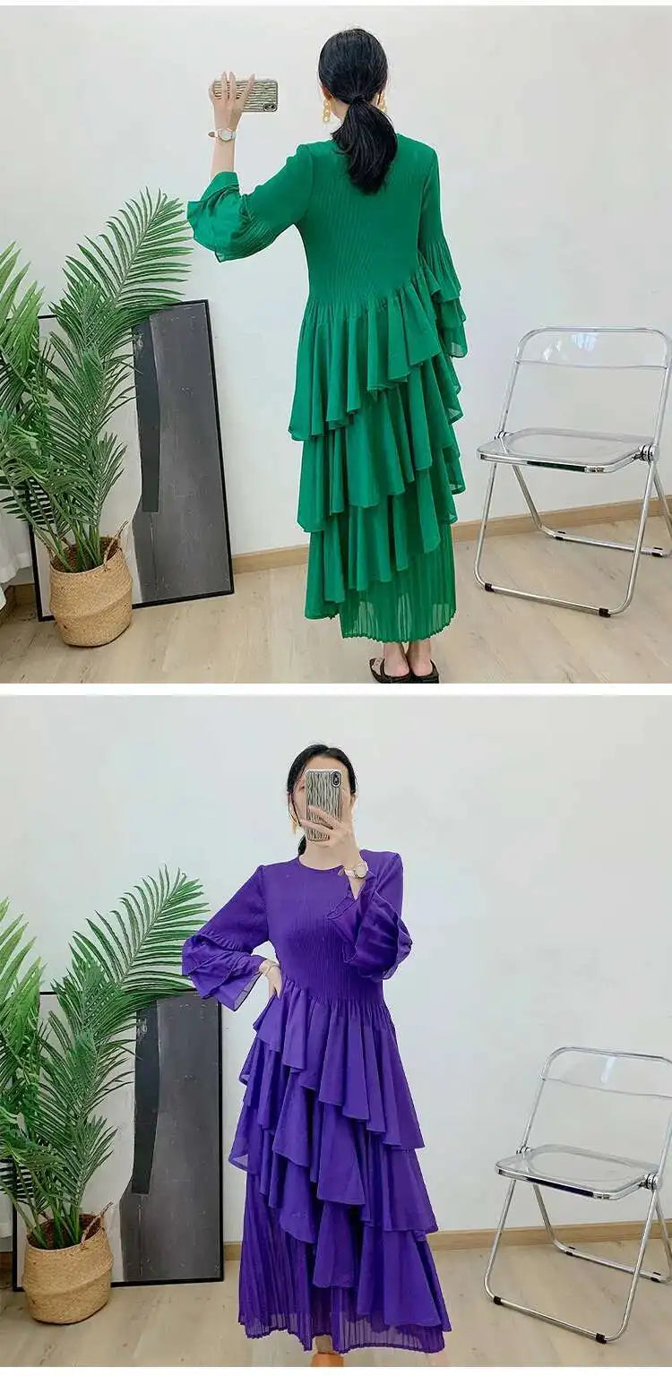 GVUW, vestido plisado para mujer, manga acampanada completa, línea A, volantes empalmados, cuello redondo, fiesta de noche, ropa elegante para mujer 17G4475