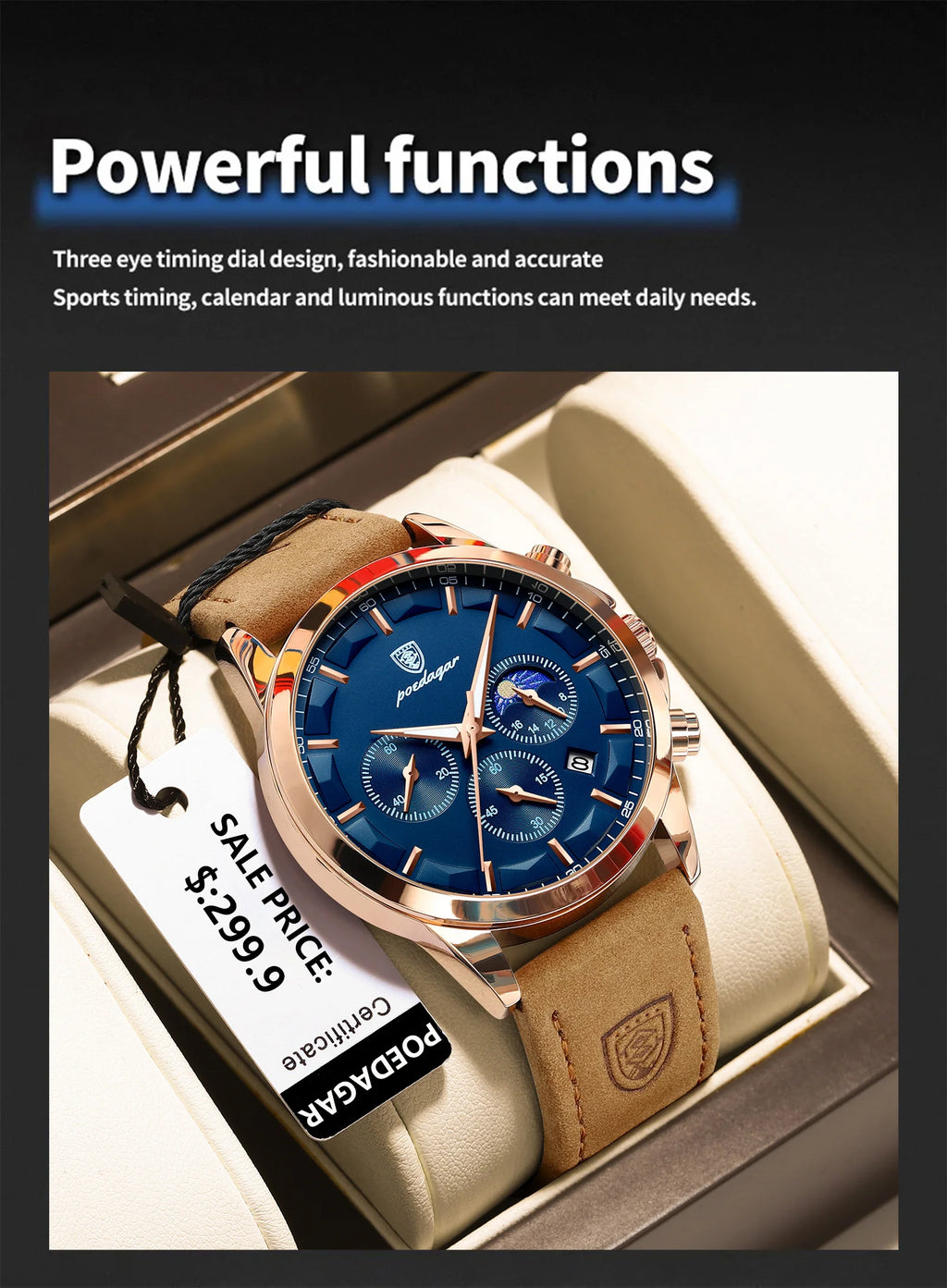 POEDAGAR, reloj deportivo de cuarzo de lujo para hombre, cronógrafo resistente al agua, reloj de pulsera luminoso con fecha para hombre, relojes de cuero de negocios para hombre