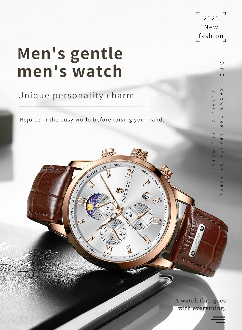 Nuevos relojes para hombre LIGE, marca superior, reloj de pulsera de lujo para hombre, reloj de cuarzo de cuero, reloj deportivo resistente al agua para hombre, reloj Masculino + caja