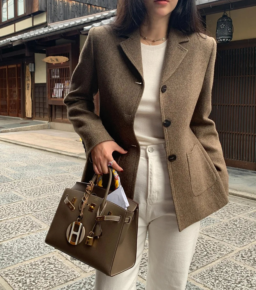 Chaqueta de traje de lana elegante coreano para mujer Otoño e Invierno Slim Fit marrón viajero abrigo de lana de gama alta Blazers ropa de mujer