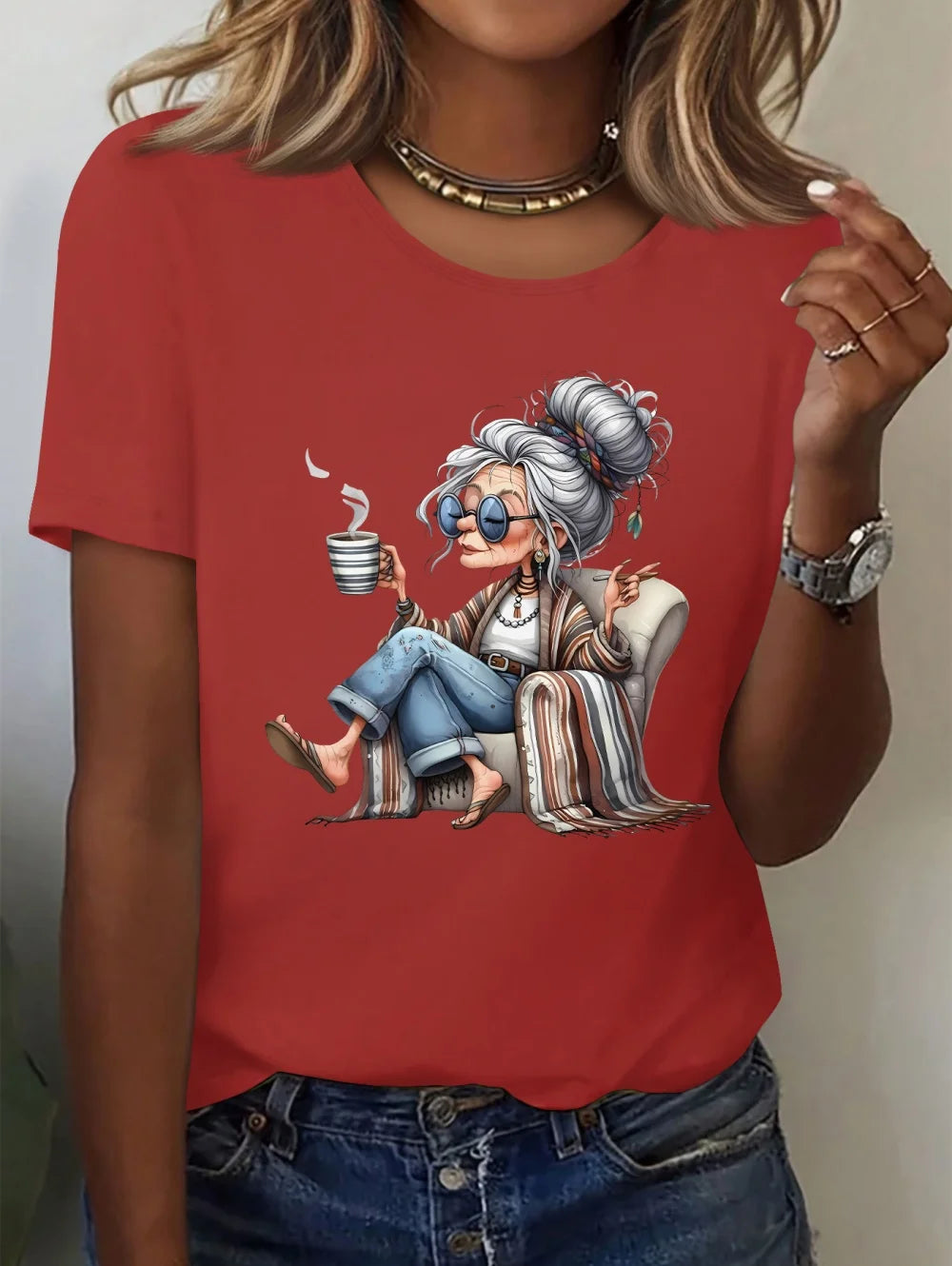 Women's Granny Graphic Print Elegant T-Shirt, Casual Summer Short Sleeve Tee, Funny Cute Crewneck T Shirts, Casual Clothes for Women