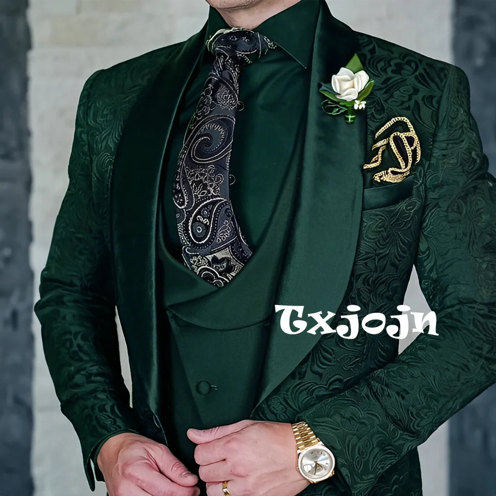 Exquisitos trajes de jacquard de 3 piezas para hombre, conjuntos de novio de boda, bonito conjunto de traje con solapa y chal, ropa de baile, esmoquin Formal para negocios