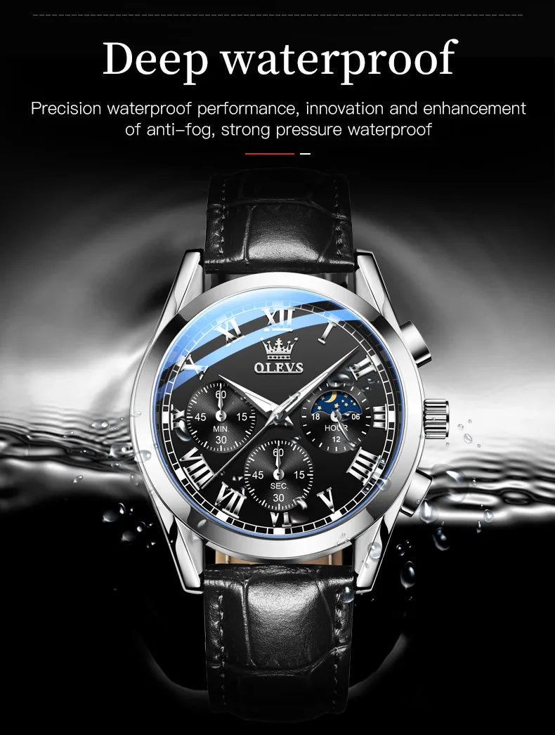 OLEVS 2871 reloj de cuarzo para hombre de la mejor marca, reloj de negocios noctilucente resistente al agua de lujo, correa de cuero, reloj de fase lunar, reloj Masculino