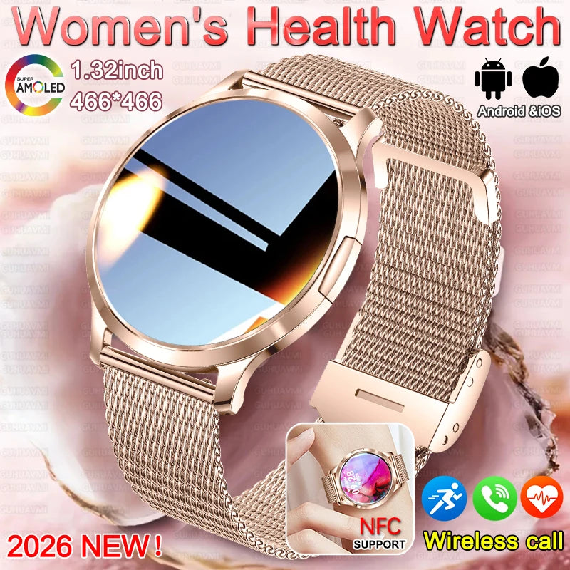 Nuevo reloj inteligente para mujer 1,32 "AMOLED pantalla completamente táctil Bluetooth llamada presión arterial IP68 impermeable NFC 7,3mm pulsera ultrafina