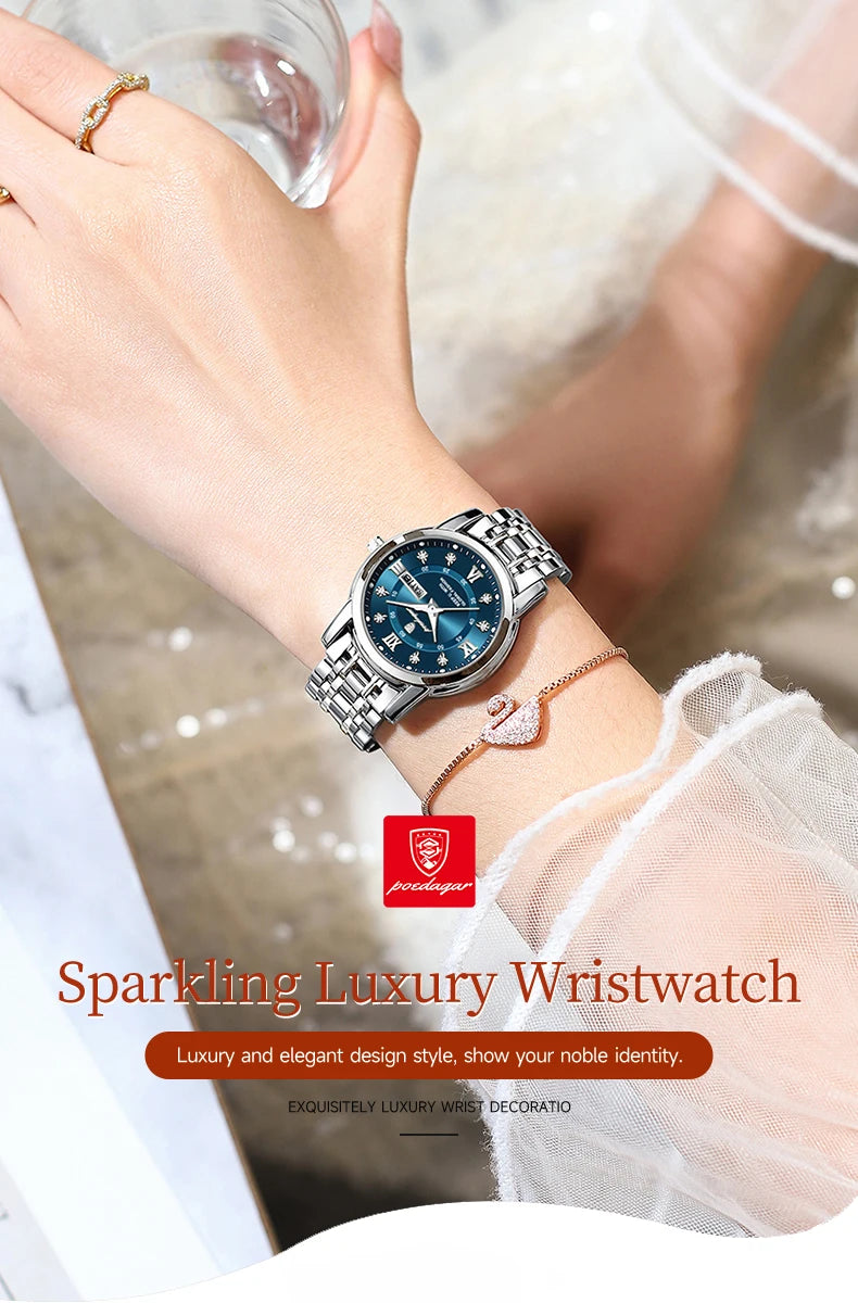 POEDAGAR, reloj de pulsera de lujo para mujer, resistente al agua, luminoso, fecha, semana, relojes para mujer, vestido elegante de acero inoxidable, reloj de cuarzo para mujer