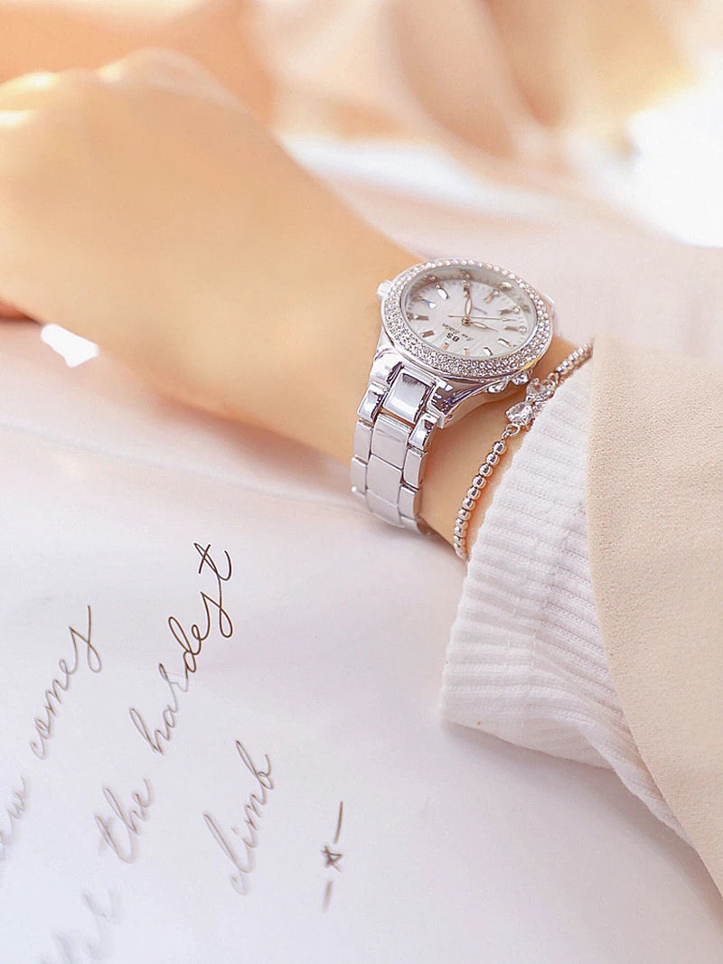 Relojes de pulsera de acero inoxidable para mujer, reloj dorado con diamantes de cristal, plateado