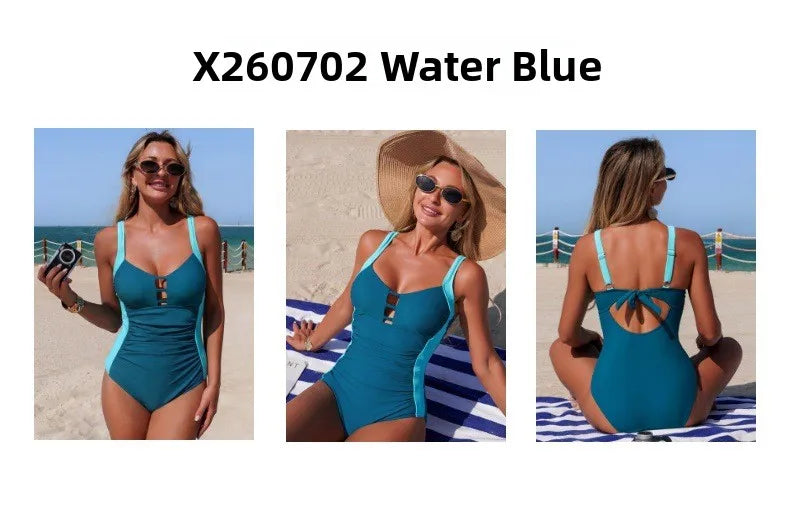 Nuevo Traje de Baño de Una Pieza para Mujer 2026, Traje de Baño Transfronterizo de Alta Elasticidad, Secado Rápido, Tela de Nailon, Sin Mangas, Color Puro