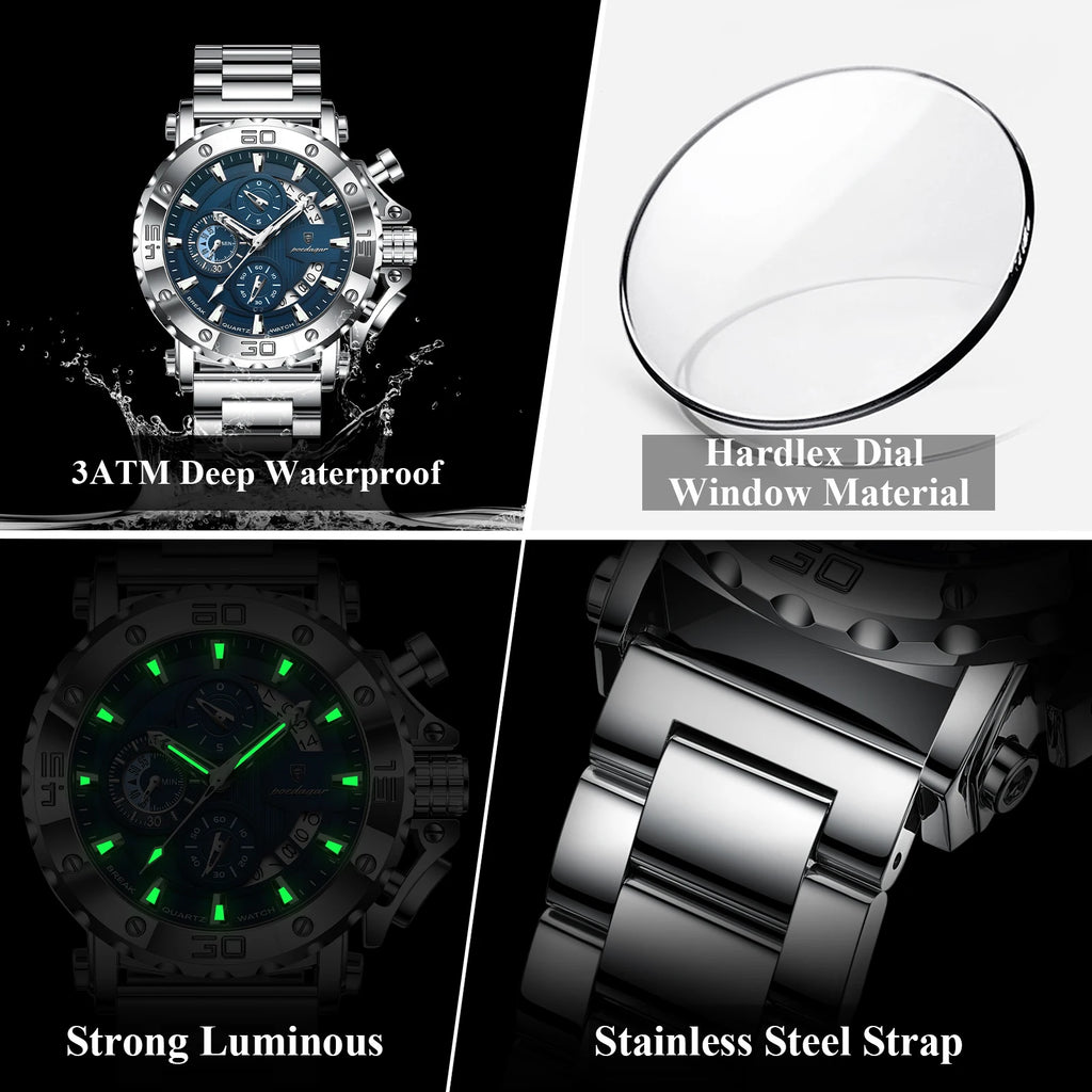 Reloj POEDAGAR de lujo para hombre, calendario luminoso, resistente al agua, Reloj para hombre, cronógrafo masculino, relojes de cuarzo de acero inoxidable para hombre