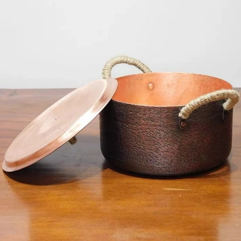 Olla de cobre vintage, utensilio de cocina de alimentos hecho a mano para hervir, asperar y estofar pasta, con tapa, ollas de mano de 18 cm