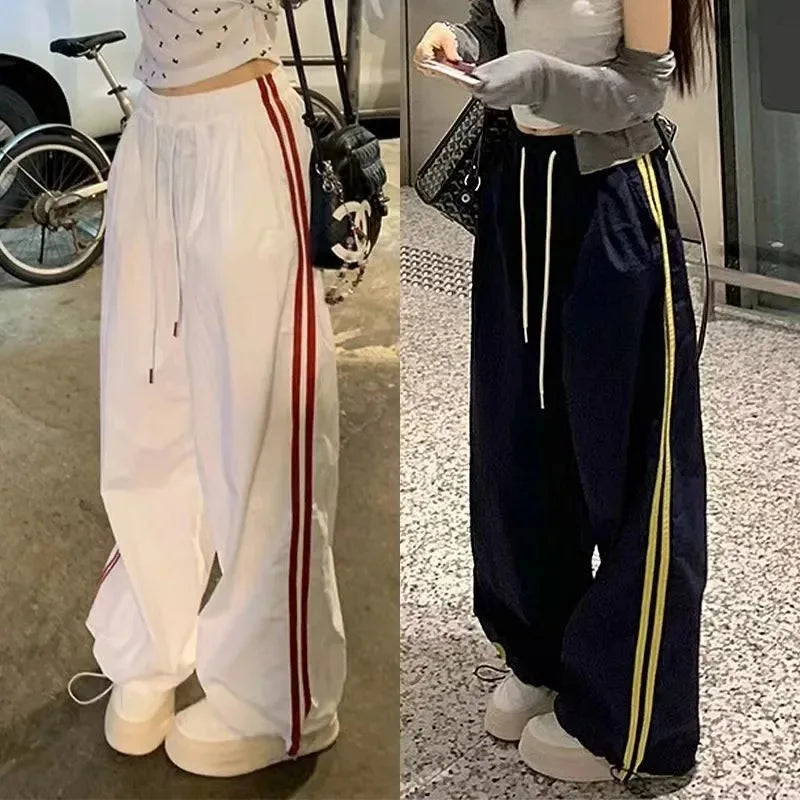 Pantalones de chándal completo a rayas con múltiples bolsillos para mujer