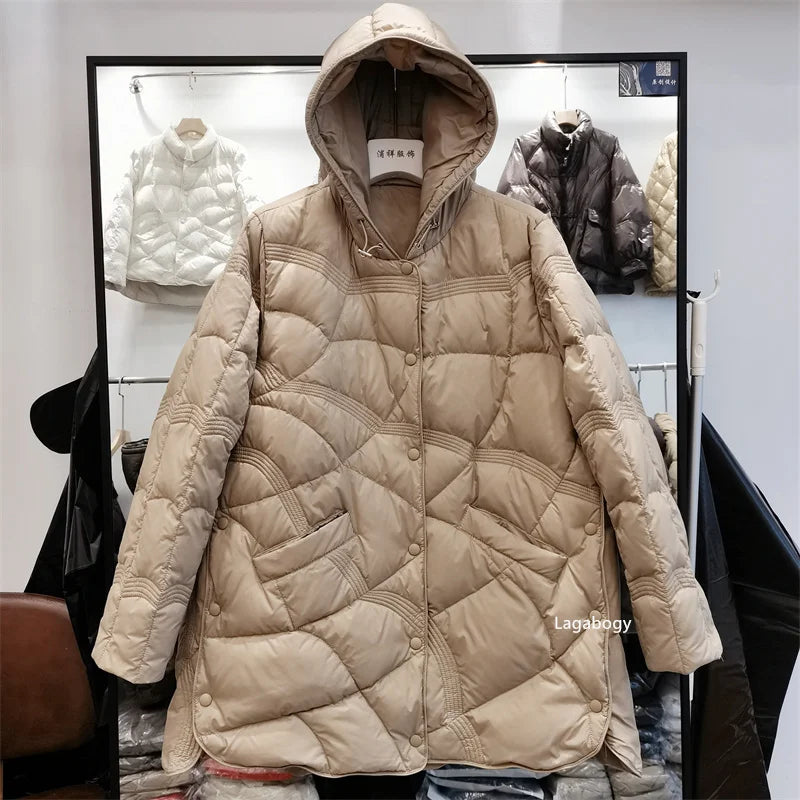 Lagabogy-abrigo holgado de plumón de pato blanco para mujer, Tops Vintage de un solo pecho, chaqueta acolchada cálida con capucha y bolsillo para mujer, exterior, 2025