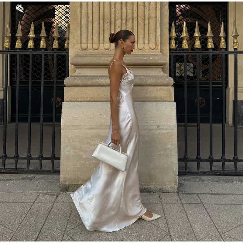 Vestido largo elegante de encaje con retazos para mujer, vestido Sexy con cuello en V sin mangas y espalda descubierta de satén, vestido largo ajustado, vestidos de fiesta de noche para mujer 2025