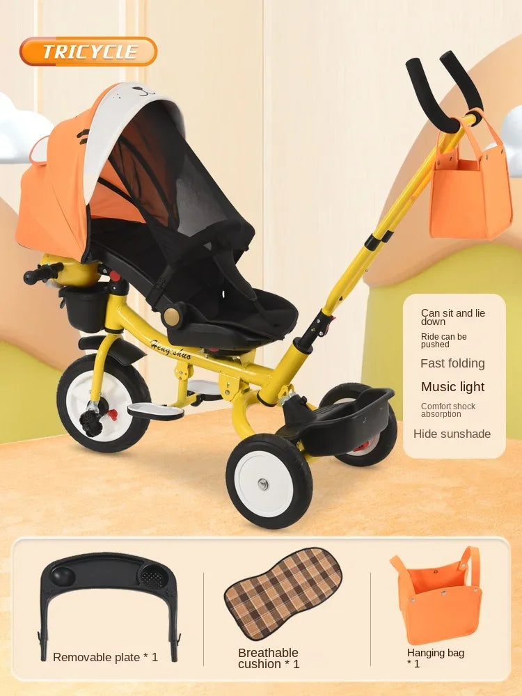 The tricycle can be folded, reclined, and sat in, and the bicycle can be pushed by hand