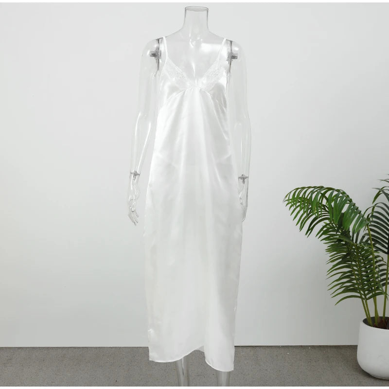 Vestido largo elegante de encaje con retazos para mujer, vestido Sexy con cuello en V sin mangas y espalda descubierta de satén, vestido largo ajustado, vestidos de fiesta de noche para mujer 2025