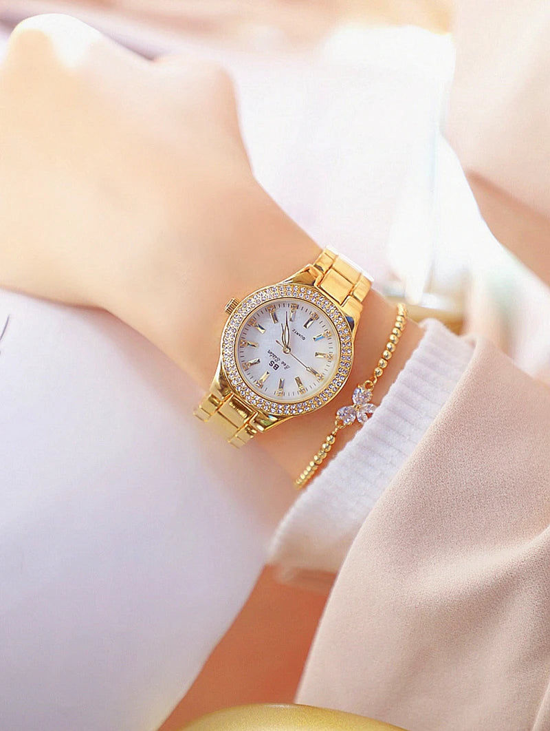 Relojes de pulsera de acero inoxidable para mujer, reloj dorado con diamantes de cristal, plateado