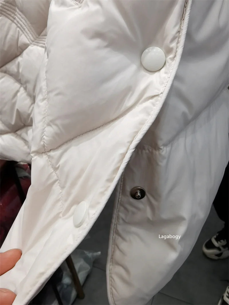 Lagabogy-abrigo holgado de plumón de pato blanco para mujer, Tops Vintage de un solo pecho, chaqueta acolchada cálida con capucha y bolsillo para mujer, exterior, 2025
