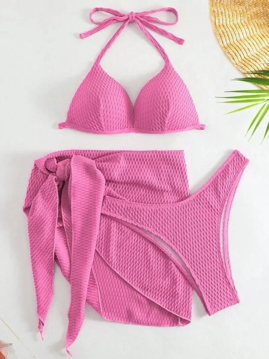 Con falda, Bikini arrugado con copa de sujetador, traje de baño femenino, traje de baño para mujer, conjunto de Bikini de tres piezas, traje de baño Push Up, ropa de playa para nadar