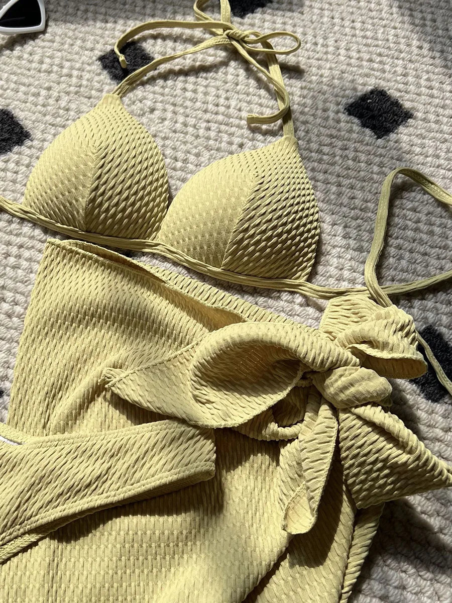 Con falda, Bikini arrugado con copa de sujetador, traje de baño femenino, traje de baño para mujer, conjunto de Bikini de tres piezas, traje de baño Push Up, ropa de playa para nadar