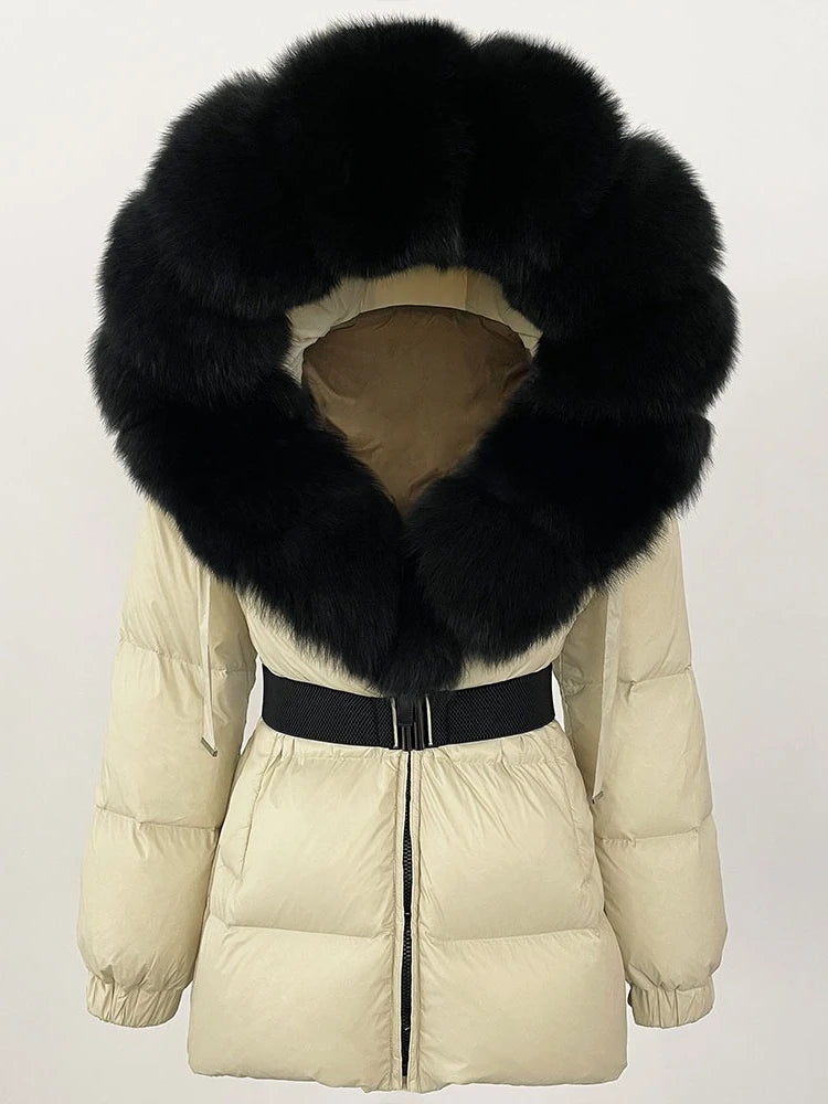 OFTBUY 2025 nueva ropa de invierno para mujer, abrigo de plumón de pato blanco, chaqueta con capucha de piel de zorro Natural, chaqueta acolchada cálida a la moda para mujer