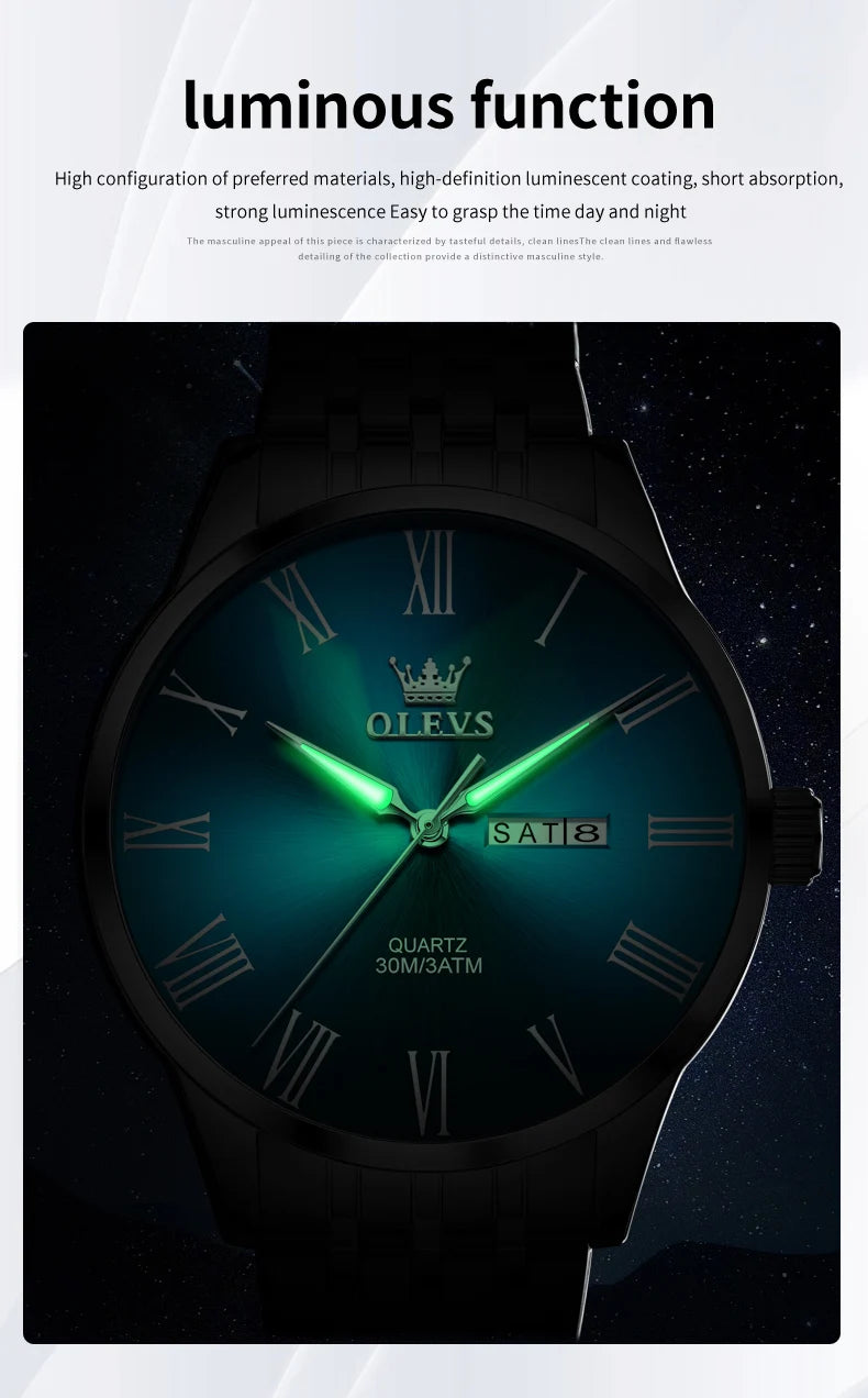 OLEVS, reloj minimalista de negocios de acero inoxidable para hombre, manecillas luminosas de lujo, calendario a escala romana, relojes de cuarzo resistentes al agua para hombre