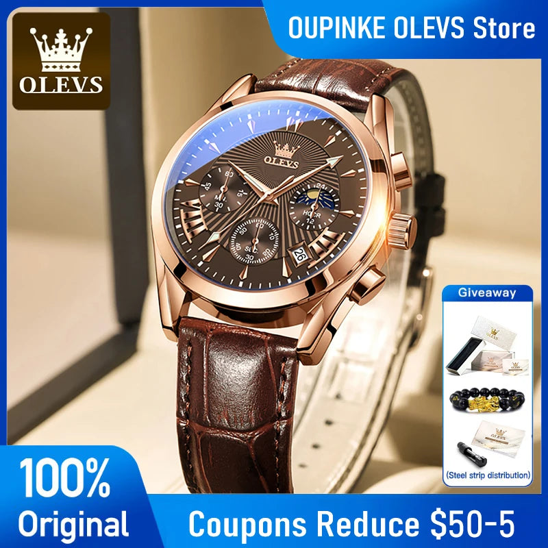 OLEVS 2876 reloj para hombre con correa de cuero reloj de cuarzo resistente al agua fase lunar luminosa relojes cronógrafo multifuncionales para regalo de hombre
