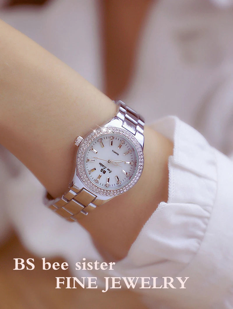 Relojes de pulsera de acero inoxidable para mujer, reloj dorado con diamantes de cristal, plateado