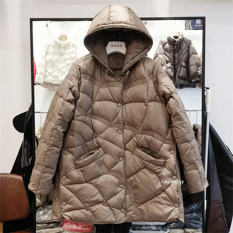 Lagabogy-abrigo holgado de plumón de pato blanco para mujer, Tops Vintage de un solo pecho, chaqueta acolchada cálida con capucha y bolsillo para mujer, exterior, 2025