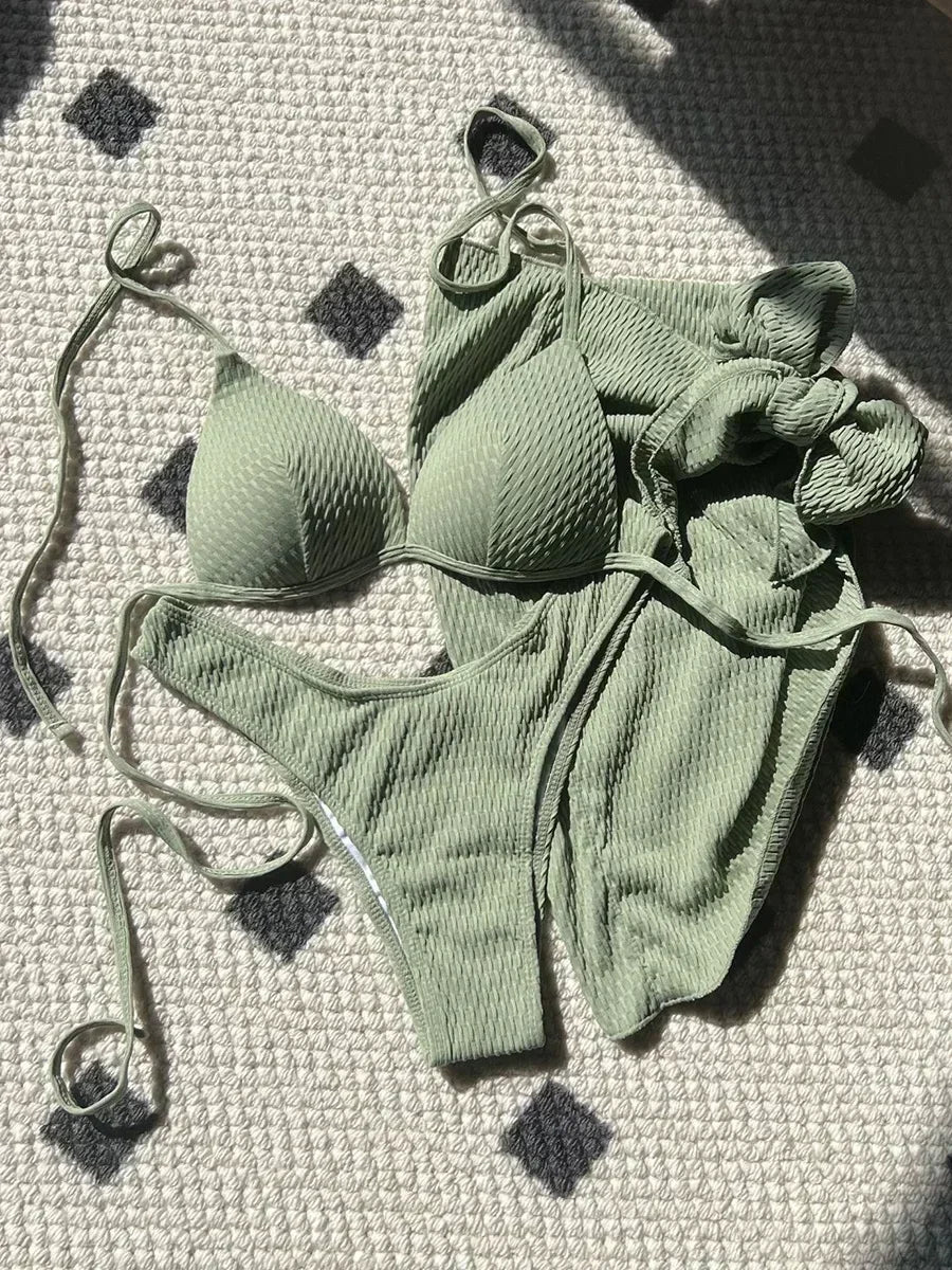 Skirt, Ruched Bikini with Bra Cup, Women's Swimsuit, Women's Bathing Suit, Three-Piece Bikini Set, Push Up Swimsuit, Swimming Beachwear