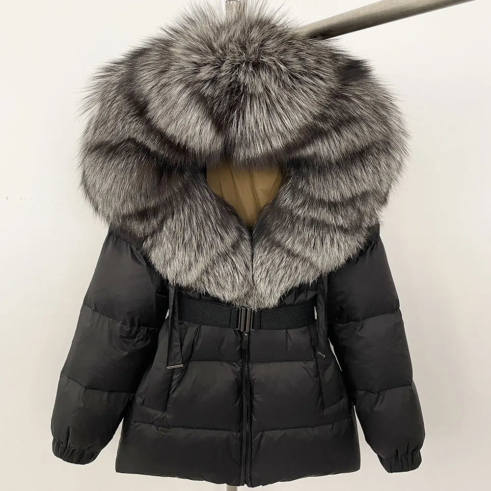 OFTBUY 2025 nueva ropa de invierno para mujer, abrigo de plumón de pato blanco, chaqueta con capucha de piel de zorro Natural, chaqueta acolchada cálida a la moda para mujer