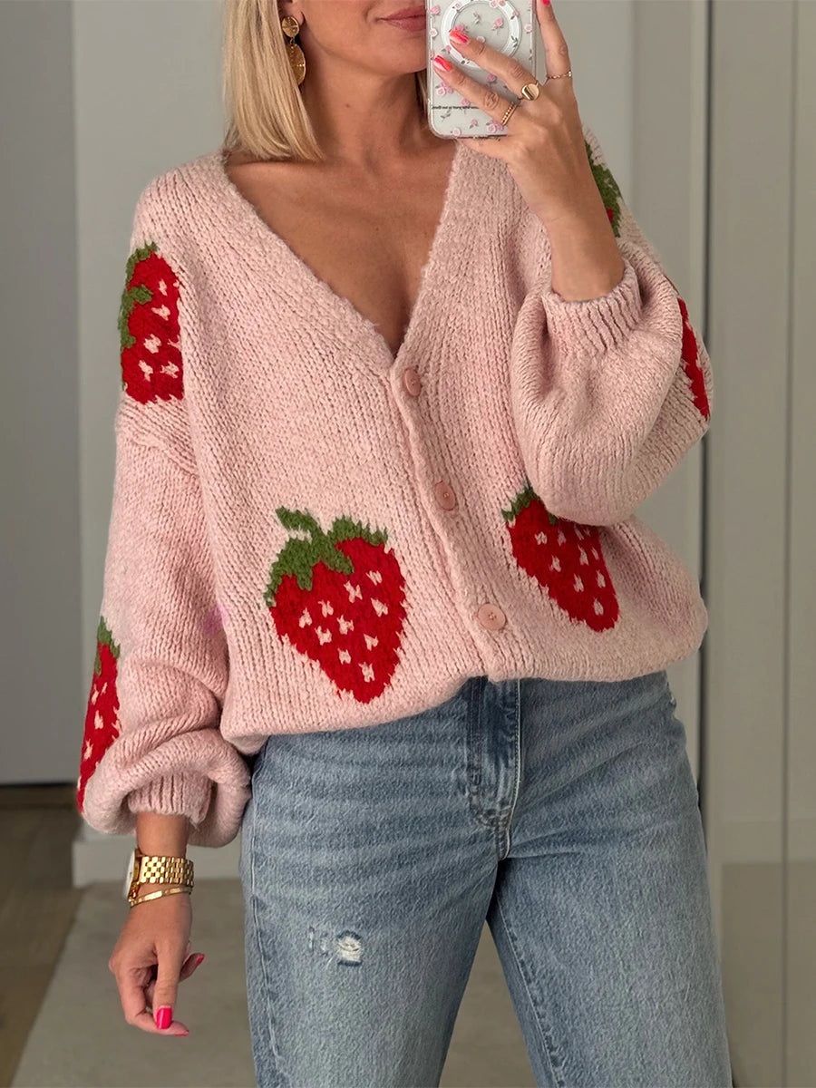Maemukilabe-cárdigan de punto para mujer, chaqueta informal de manga larga con cierre de botón de fresa, suéter, abrigos de punto para mujer